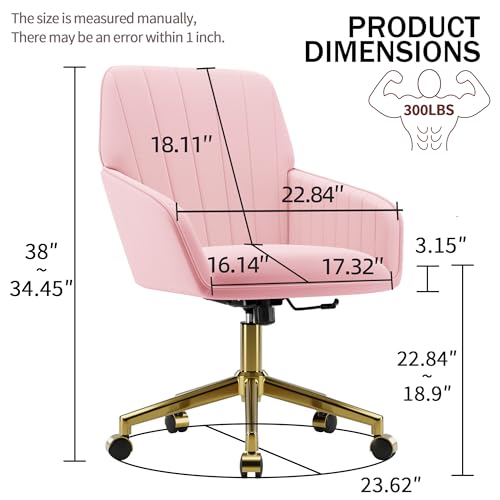 YITAI Velvet Office Desk Armchairs with Gold Base and Wheels,Modern Height Adjustable 360 Degree Swivel Upholstered Vanity Chairs for Living/Room Bedroom/Study,Pink - color: Gold Pink