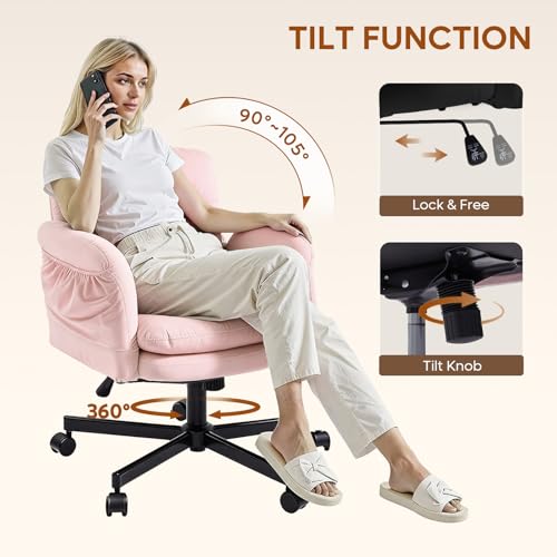 Bestier Velvet Vanity Chair with Flip-Up Arms, Swivel Makeup Chair Pink | Comfy Cross-Legged Computer Chair with Wheels 2 Side Pockets for Home Office Gaming, Bedroom - color: Pink Velvet, size: Low Back