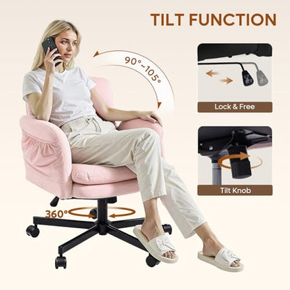 Bestier Velvet Vanity Chair with Flip-Up Arms, Swivel Makeup Chair Pink | Comfy Cross-Legged Computer Chair with Wheels 2 Side Pockets for Home Office Gaming, Bedroom - color: Pink Velvet, size: Low Back