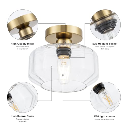 Tbaoinal Semi Flush Mount Ceiling Light with Diamond Glass Shade, 36-Faceted Panels Create Starburst Effect, 1200LM LED Bulb Included Brushed Gold Finish Ideal for Hallway Entryway Kitchen Bathroom - color: Gold Brass