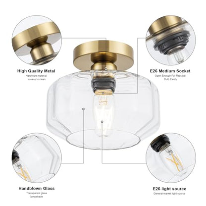 Tbaoinal Semi Flush Mount Ceiling Light with Diamond Glass Shade, 36-Faceted Panels Create Starburst Effect, 1200LM LED Bulb Included Brushed Gold Finish Ideal for Hallway Entryway Kitchen Bathroom - color: Gold Brass