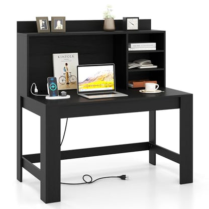 GIANTEX Computer Desk with Hutch, Modern Home Office Desk with Power Outlets, Storage Shelves & Cable Hole, Makeup Vanity Table, Study Writing Desk for Bedroom Office Small Space (Black) - color: Black