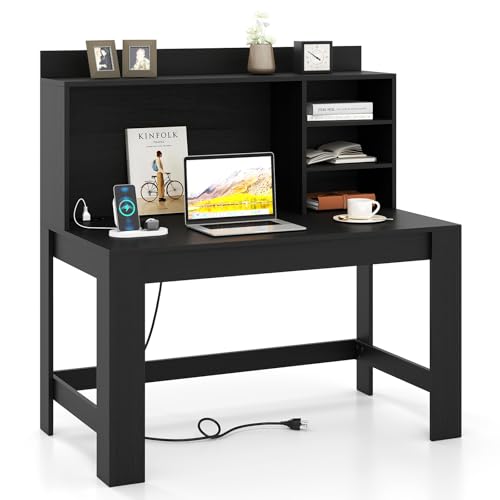 GIANTEX Computer Desk with Hutch, Modern Home Office Desk with Power Outlets, Storage Shelves & Cable Hole, Makeup Vanity Table, Study Writing Desk for Bedroom Office Small Space (Black) - color: Black