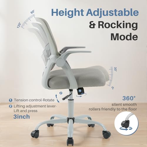 DUMOS Office Chair, Ergonomic Home Desk Chair, Ergonomic Lumbar Support - color: Grey Flip Arm