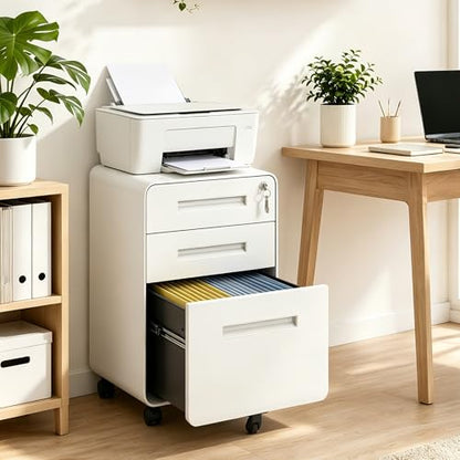 SAWJEC 3 Drawer File Cabinet with Lock, Rolling Under Desk Storage, White - color: 02l-white