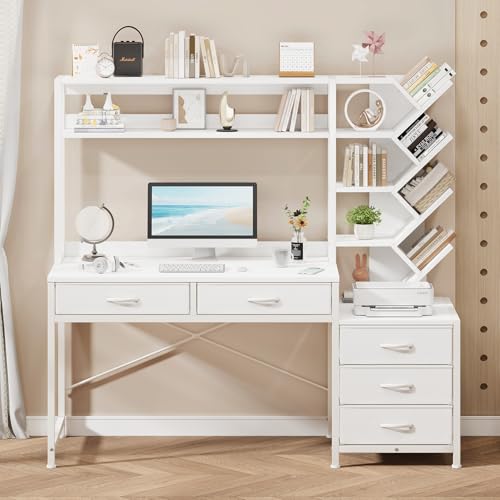 YOMILUVE 52" Computer Desk with Bookshelf, 5 Drawers ＆ Hutch for Bedroom | White Office Desk with Printer Shelf, Study Writing Desk with Storage Shelves - color: White
