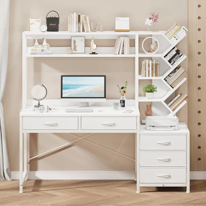 YOMILUVE 52" Computer Desk with Bookshelf, 5 Drawers ＆ Hutch for Bedroom | White Office Desk with Printer Shelf, Study Writing Desk with Storage Shelves - color: White