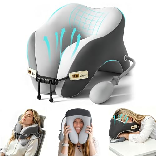 Desk Pillow for Napping, Neck Pillow for Office Chair Headrest, Neck Support Pillows for Desk Sleeping, Inflatable Neck Pillow for Work/Travel/Airplane, Face Down Pillow, Adjustable Height (Grey) - color: Grey