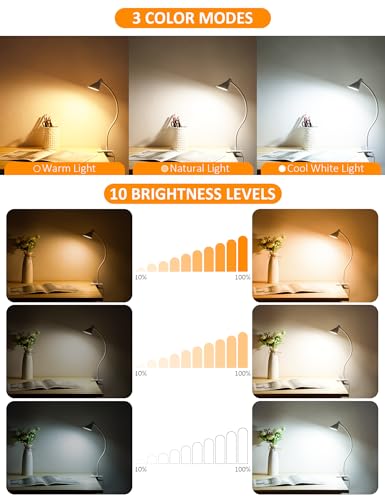 LiFMIRA Desk Lamp Clip on Light USB Reading Light 3 Color Modes White | 10 Dimmable Brightness Eye Care Clamp Desk Lamp Flexible Gooseneck Book Light for Reading in Bed and Desk - color: White