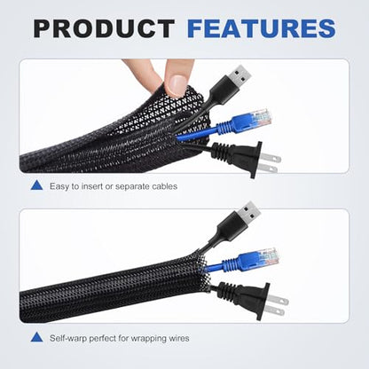 1" Cable Management Loom Wrap Sleeve Cord Wire Hider Organizer Covers - size: 1"-8ft