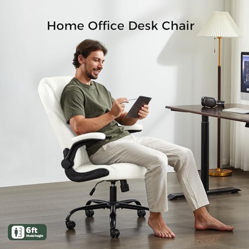 amseatec Big and Tall Office Chair, Flip-Up, Executive Desk Chair, White | Ergonomic Leather High Back, Lumbar Support, 90 °Lock, 115° Tilt, 20 Spring Packs, 300lbs Capacity, Wide Seat/Smooth Casters - color: White