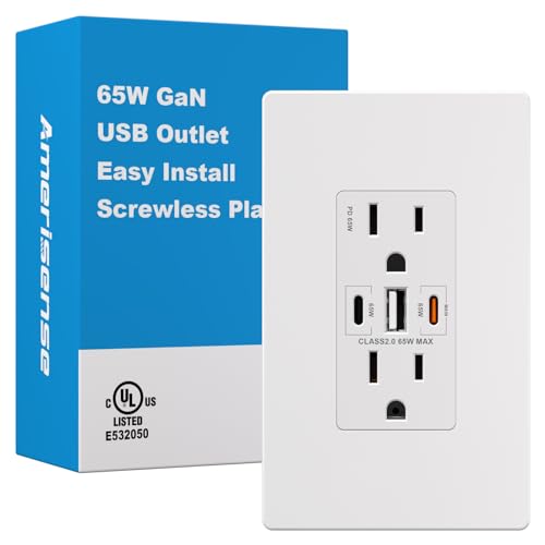 [Upgraded] Amerisense GaN 65W 6Amp 3-Port USB Wall Outlet, 15 Amp Tamper-Resistant Receptacle with 2 USB Type C & 1 Type A Port, USB Charger USB-C with Wall Plated for Phone/Tablet/Laptop,UL Listed - size: 15 Amp