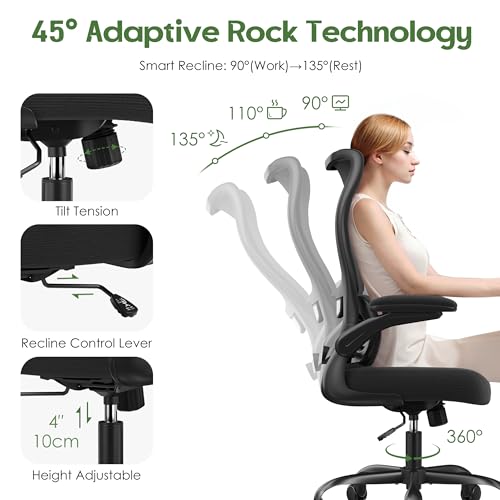 Office Chair Ergonomic Desk Chair - Comfy Mesh High Back Office Chair with Lumbar Support Wheel Home Desk Office Chairs Flip up Armrest Executive Rolling Swivel Task Computer Chair Black Silver