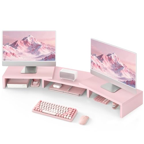 TAVR Dual Monitor Stand Riser, Wooden Computer Monitor Stand for 2 Monitors - color: Pink