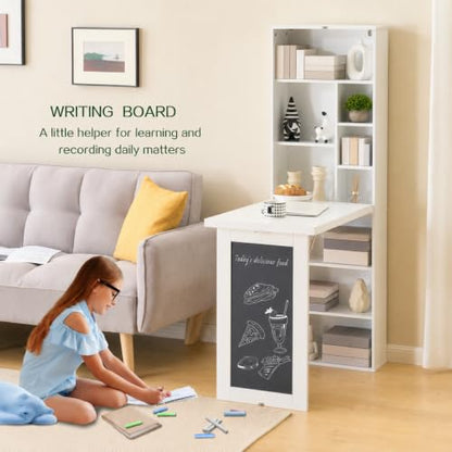 Wall Mount Foldable Writing Desk for Bedroom & Home Office (White) | Wall Desk, Wall Mount Foldable Desk with Bookshelf & Chalkboard, Space Saving Fold Down Floating Workstation - color: White