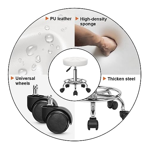 KKTONER Round Rolling Stool Chair PU Leather Height Adjustable Swivel Drafting Work SPA Shop Medical Salon Stools with Wheels Office Chair Small (White) - color: White