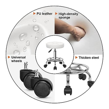 KKTONER Round Rolling Stool Chair PU Leather Height Adjustable Swivel Drafting Work SPA Shop Medical Salon Stools with Wheels Office Chair Small (White) - color: White