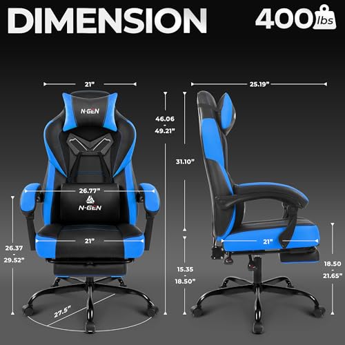 N-GEN GAMING Gaming Chair Big and Tall Computer Heavy Duty Office Desk Chair with Footrest Ergonomic Lumbar Support High Back Recliner for Adults (Blue) - color: Blue