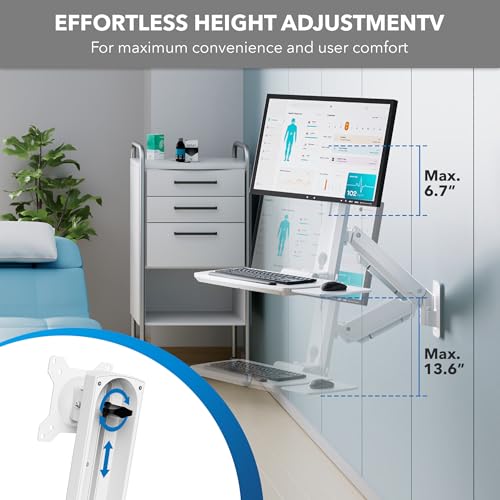 Mount-It! MedHub Wall-Mounted Medical Workstation | Height-adjustable monitor & keyboard arm with folding tray and sliding mouse pad for clinics, exam rooms & dental.