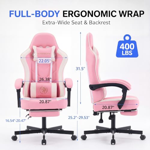 Desk Computer Gaming Chair - High Back Ergonomic Office Chair with Footrest and Lumbar Support, Swivel Comfy Home Gamer Video Game Chairs with Pocket Spring Cushion for Adults (Pink Leather) - color: Classic Pink Leather
