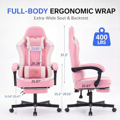 Desk Computer Gaming Chair - High Back Ergonomic Office Chair with Footrest and Lumbar Support, Swivel Comfy Home Gamer Video Game Chairs with Pocket Spring Cushion for Adults (Pink Leather) - color: Classic Pink Leather