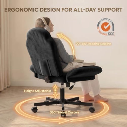 Bestier Criss Cross Office Chair with FILP-Up Armrests, Black Velvet | Rocking Recline,Swivel Makeup Vanity Chair with 5-Level Folding Armrest, Cross Legged Desk, Adjustable Height Swivel Chair - color: Black Velvet