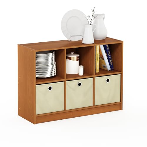 Furinno Basic 6-Cube Book Shelf with Open Shelf, 3 x 2, Light Cherry - color: Light Cherry/Ivory, size: 6-Cube with Bin