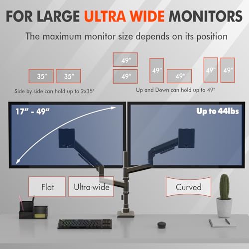 Dual Monitor Arm, 17-49 Inch, Holds 44 lbs Each