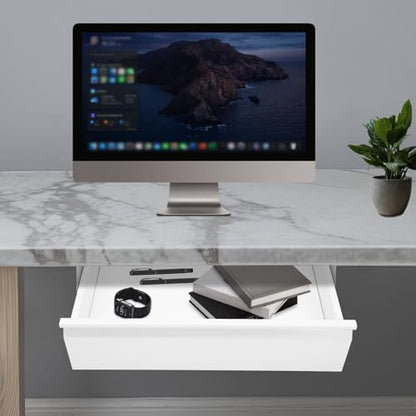 Under Desk Drawer Organizer Metal, Sliding Pull-Out Storage Tray, Hidden Mount, White, Large Capacity for Keyboard Mouse Office Supplies, Smooth Silent Rail, Easy Install