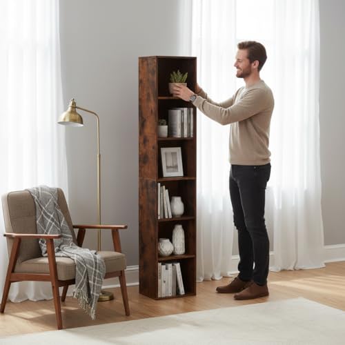 6-Tier Wooden Cube Storage Organizer, 62 Inch Tall Bookcase & Display Shelf with 6 Open Cubes, Freestanding DIY Closet Shelving Unit for Living Room Office(Retro Brown, 6 Cube-W(11.8inch) - color: Retro Brown, size: 6 Cube-W(11.8inch)