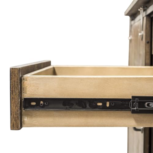 Pemberly Row Mid-Century Wood Computer Credenza, 54 in Wide, Rustic Saddle Brown Finish, Sliding Barn Door Design, Adjustable Shelves, File Drawer, Wire Management, Home Office Storage Cabinet