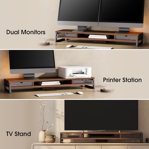 Fenge Dual Monitor Stand Riser, 42.5in Desk Shelf with 2 Drawers, Brown - color: Brown
