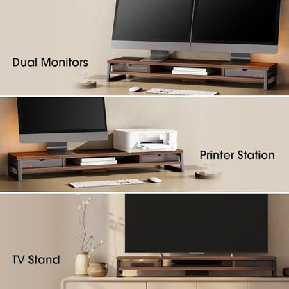 Fenge Dual Monitor Stand Riser, 42.5in Desk Shelf with 2 Drawers, Brown - color: Brown