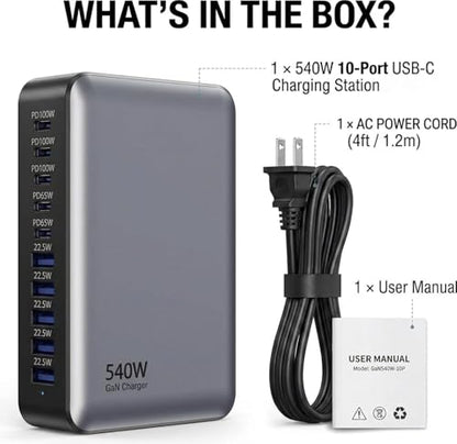 540W USB C Charger Block, 10 Port Charging Station USB Charger Block Double 100W Gan Laptop Fast Charging Compatible with MacBook Air/Pro, iPhone, iPad, Dell XPS, Samsung Galaxy Note - size: 540W