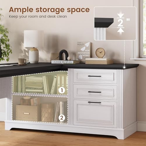 SEDETA Farmhouse 61" Executive L Shaped Desk with Drawers for Home Office - color: White and Black, size: L Shaped Desk