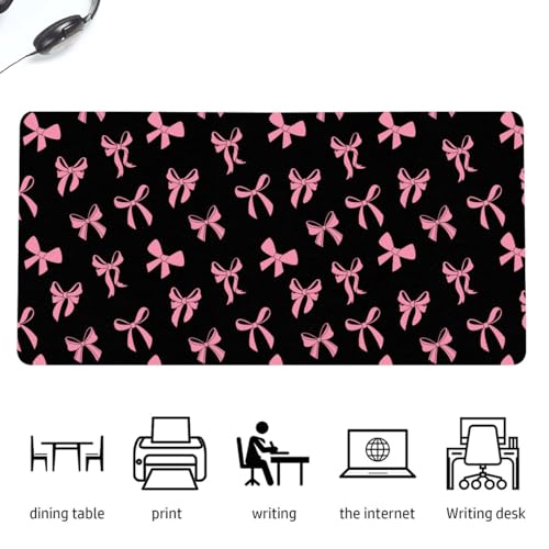 Cute Kawaii Pink Bow Black Extended Gaming Keyboard Mouse Pad | Non-slip Leather Home Office Desk Mat Protector - color: Pink Bow/Black, size: L(31.5×15.7 inch)