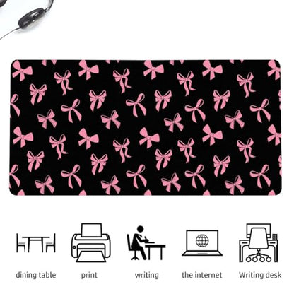 Cute Kawaii Pink Bow Black Extended Gaming Keyboard Mouse Pad | Non-slip Leather Home Office Desk Mat Protector - color: Pink Bow/Black, size: L(31.5×15.7 inch)