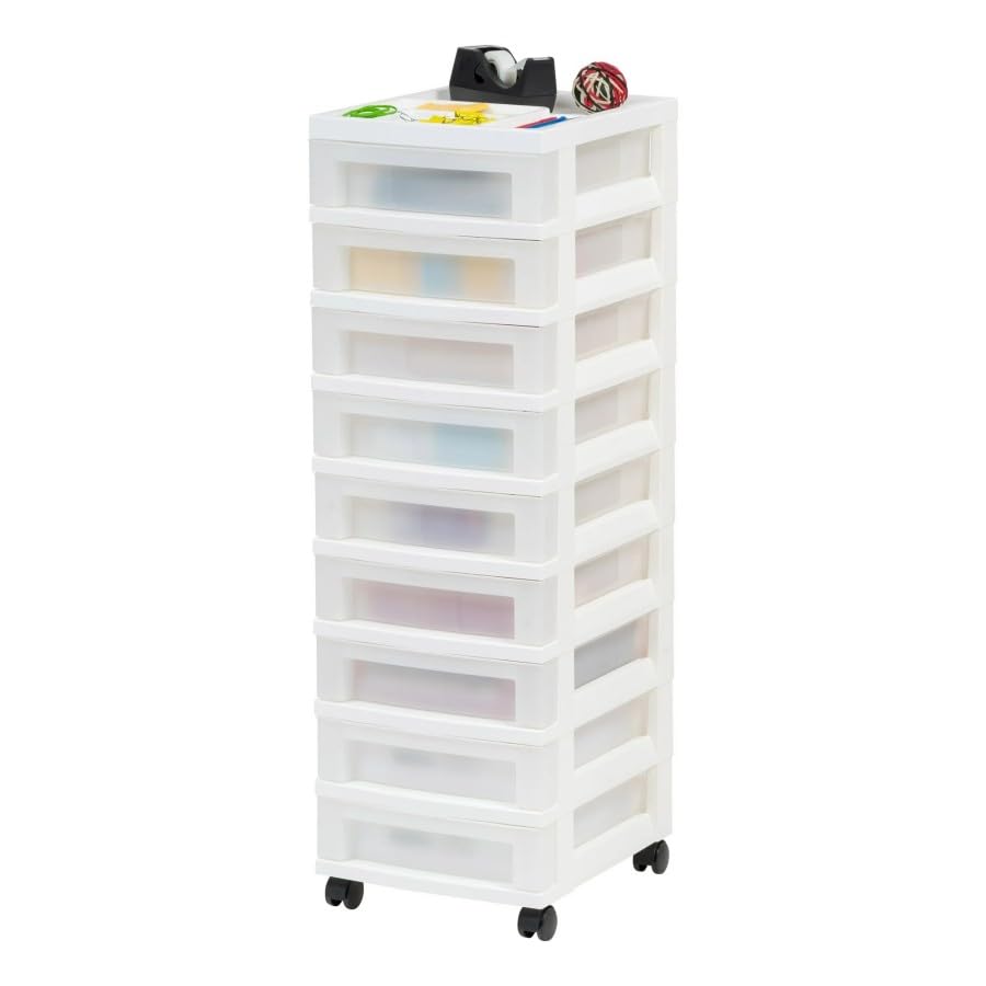 Nine-drawer narrow plastic storage cabinet with top organizer shelf, white.