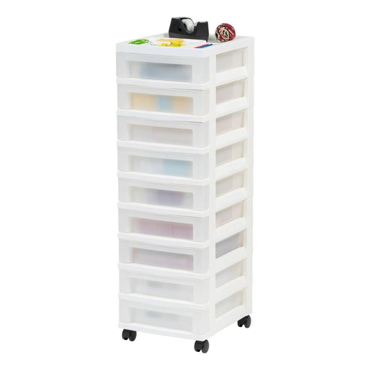 Nine-drawer narrow plastic storage cabinet with top organizer shelf, white.