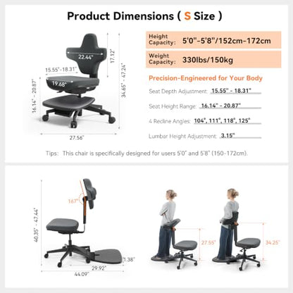 Standing Desk Chair, 6-in-1 Ergonomic Standing Mate Chair, Adjustable Sit Stand Lean Perch Saddle Stool with Flip Backrest, Dynamic Posture Support & Built-in Anti-Fatigue Design, MT-M-DG - size: S Size (for 5'0" - 5'8")