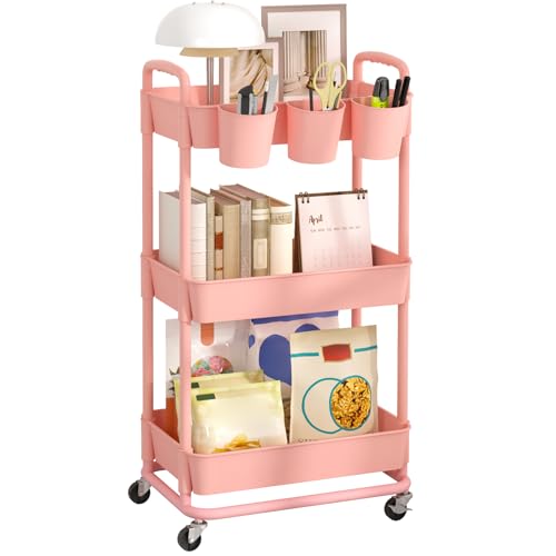 3-Tier Plastic Rolling Storage Cart Utility Cart Pink | Utility Cart with Extra Hanging Cups Arc-Shaped Handles Lockable Wheels for Living Room Bathroom Kitchen Office - color: Pink, size: 3-Tier