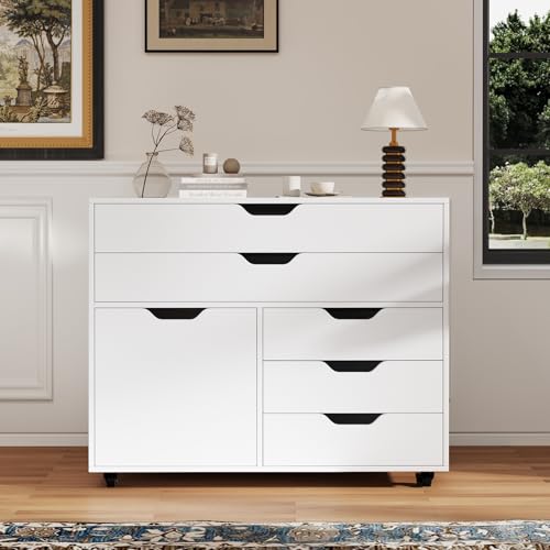 Rolling 5-Drawer File Cabinet, Mobile Printer Stand (White) | Modern Lateral Filing Cabinet | 5 Universal Wheels | For Living Room, Study, Home Office - color: White