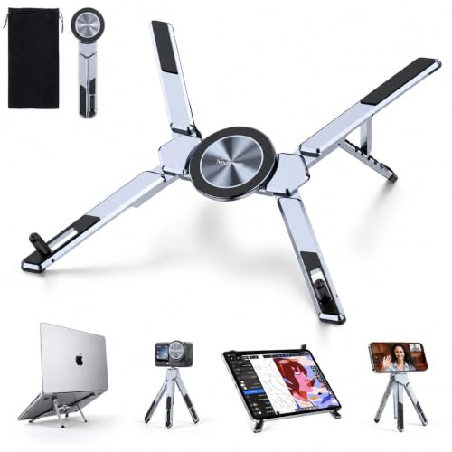 4-in-1 Adjustable Laptop Stand for desk with Magnetic Phone Holder & Camera Tripod, Foldable Aluminum Stand for Laptop, Tablet, Camera, Portable Ergonomic Desk Setup for Travel & Remote Work(Gun Gray) - color: Gun Gray