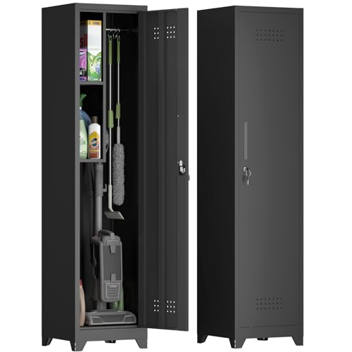 Metal Utility Closet with Hanging Rod,Narrow Broom Closet with Door,Slim Laundry Storage Cabinet for Bathroo,Gym,Living Room,Black - size: 15.75"D x 15.75"W x 64.96"H-Black