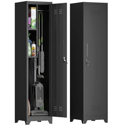 Metal Utility Closet with Hanging Rod,Narrow Broom Closet with Door,Slim Laundry Storage Cabinet for Bathroo,Gym,Living Room,Black - size: 15.75"D x 15.75"W x 64.96"H-Black