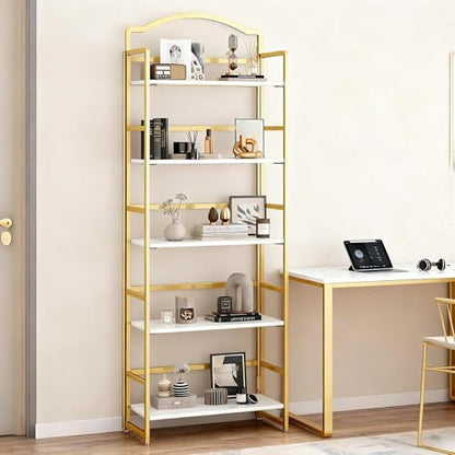 JSB 5 Tier No Assembly Folding Bookshelf, Arched Bookshelf, Foldable Bookcase for Living Room, Bedroom, Office,Skinny Bookshelf (White and Gold) - color: White and Gold, size: 5-Tier