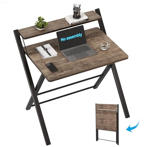 GreenForest No Assembly Folding Desk, 2-Tier Compact Computer Desk with Shelf, 30 inch Space Saving Foldable Table for Home Office, Dorm or Apartment, Portable Collapsible Sturdy Laptop Desk, Brown - color: Brown, size: 24.5 x 30 inch
