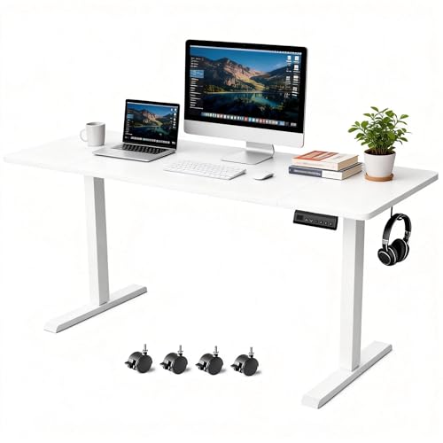 Standing Desk with Splice Board Adjustable Height- 63 inch Mobile Stand up Desk with Wheels, Portable Sit Stand Desks Electric with Lockable Casters - color: White, size: 63