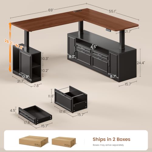 SEDETA Farmhouse L Shaped Executive Electric Standing Desk with 4 Drawers | 69" x 55" Height Adjustable Office Desk with Storage Shelves, Power Outlet, Sit Stand Computer Desk, Black and Brown - color: Black and Brown
