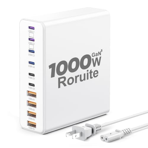 1000W USB C Charging Station, 120W PD GaN5 Super Fast USB C Charger Block | Roruite Type C for PC Laptop MacBook Pro/Air 10 Port Charger Compatible with iPhone 17 16 15 14 13 12 Pro Max, iPad, Galaxy - color: White